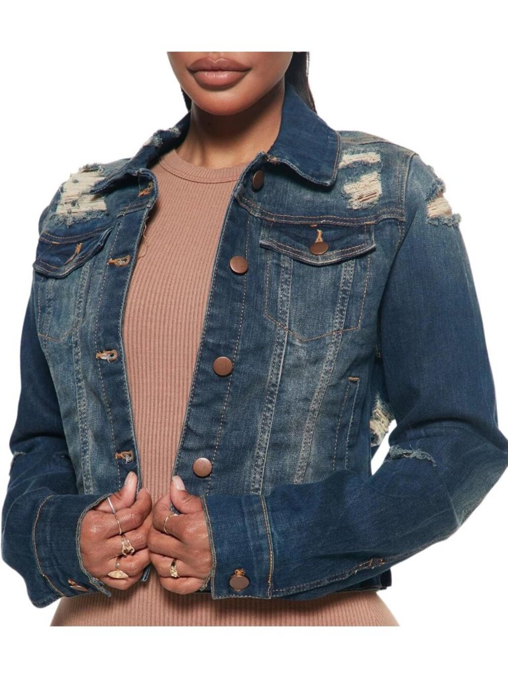 Women's Dark Blue Denim Long Sleeve Classic Distressed Butterfly Jean Jackets